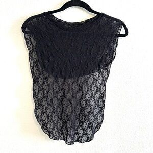 Black Lace Overlay Sheer Bib Collar Top Medium